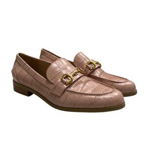 Stuart‎ Weitzman Owen Buckle Loafer 8 Pink Croc Embossed Leather Horsebit Preppy